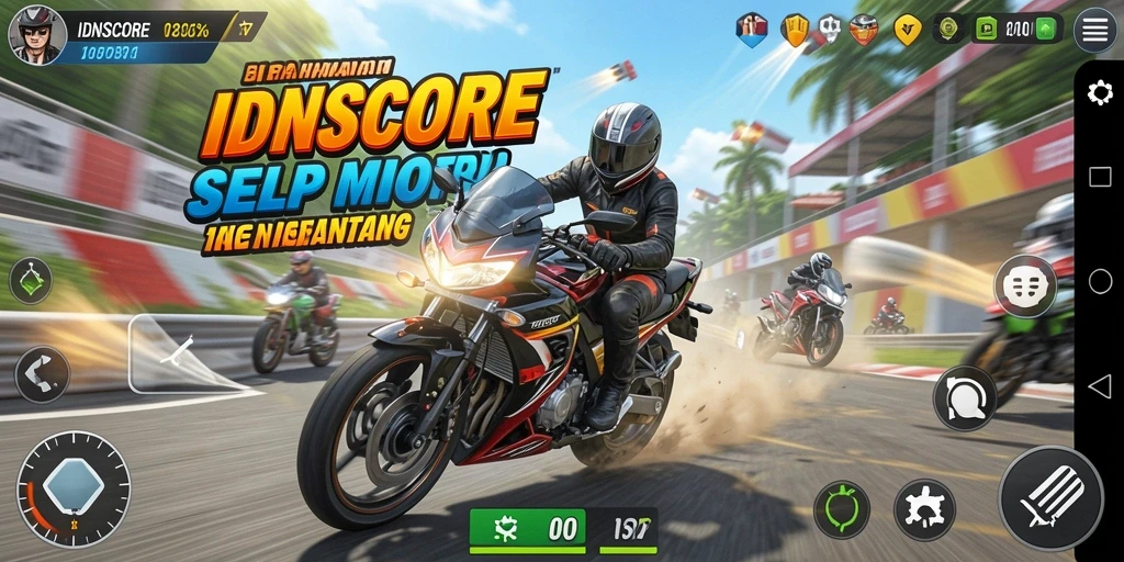 Screenshot gameplay IDNSCORE dengan balapan motor yang seru.