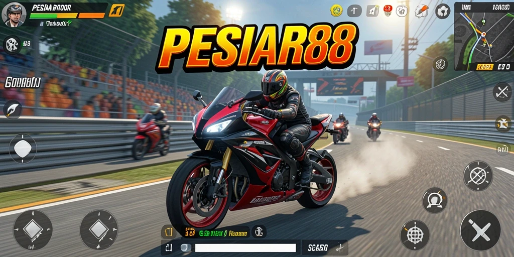 Screenshot gameplay PESIAR88 yang menampilkan aksi balap motor yang mendebarkan.