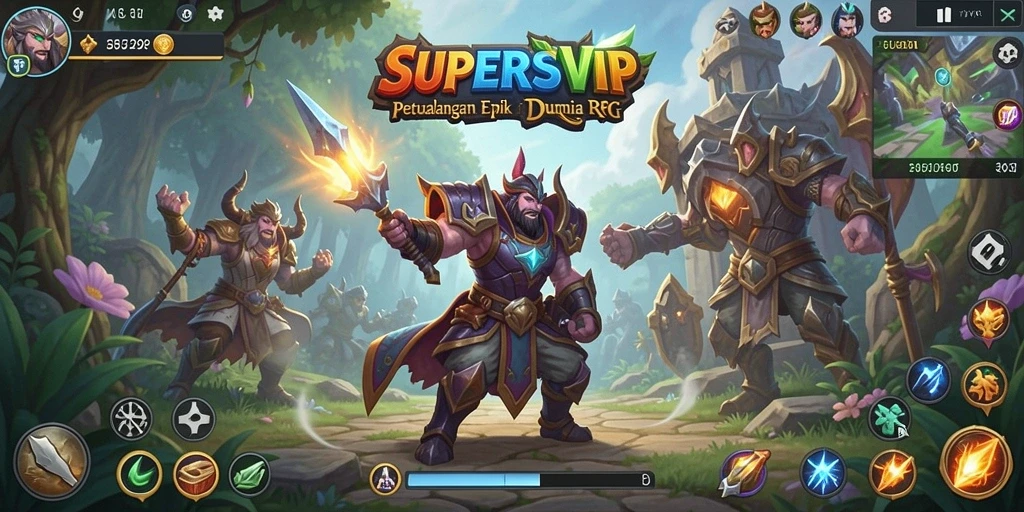 Screenshot utama SUPERSVIP menampilkan pertempuran RPG yang mendebarkan.