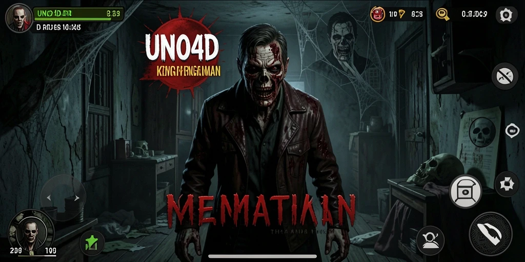 Screenshot utama UNO4D menampilkan suasana horor yang mencekam dan menakutkan.