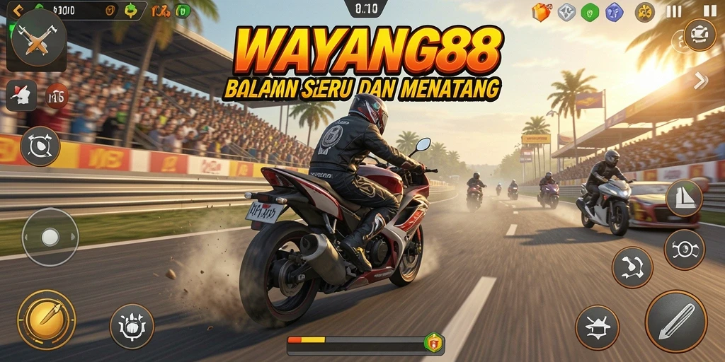 Tampilan gameplay seru dari WAYANG88 saat balapan motor.